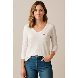 Women’s Long Sleeve V-Neck Tee White Studded Pocket Medium